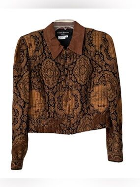 Donna Morgan Blazer, Sz. 10P, Brown/Black, Ducks/Bird Dogs, Leather Look Collar
